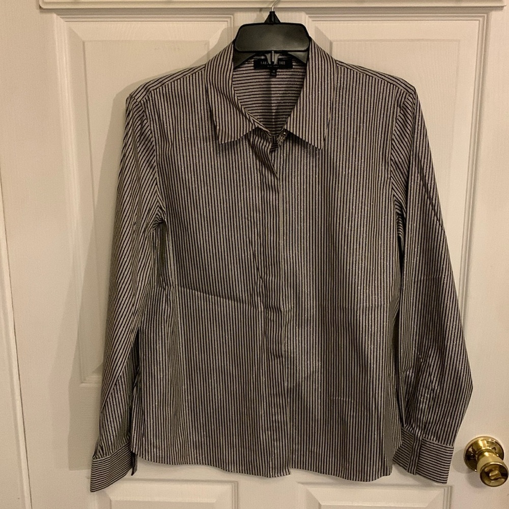 LAFAYETTE 148 NY Stripe Shimmer Button Down Long Sleeve Blouse Black Beige SZ 10